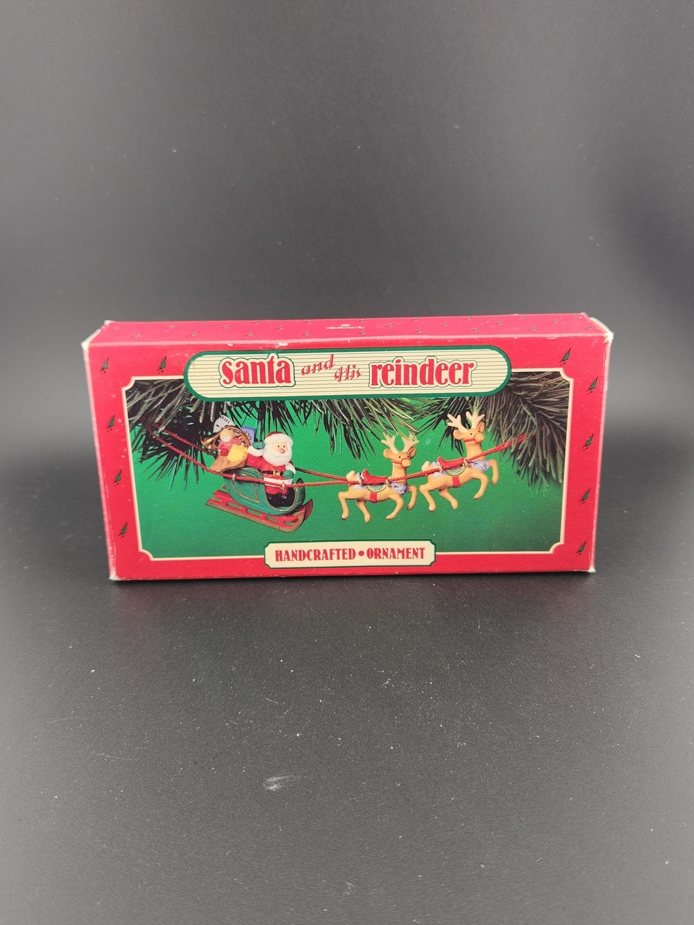 Vintage Hallmark Santa and Reindeer Ornament With Box - Red, Green